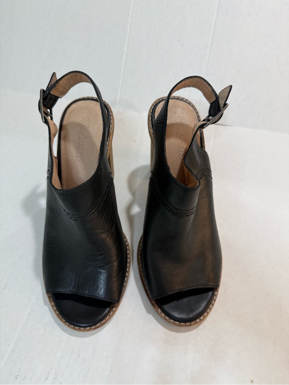 Madewell The Marie Black Leather Slingback Heeled Sandals Peep Toe Bootie Size 8 - Picture 2 of 12